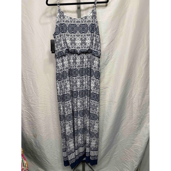 AB Studio Women's Maxi Dress XL Navy White Geometric Print Spaghetti Strap - Picture 2 of 7